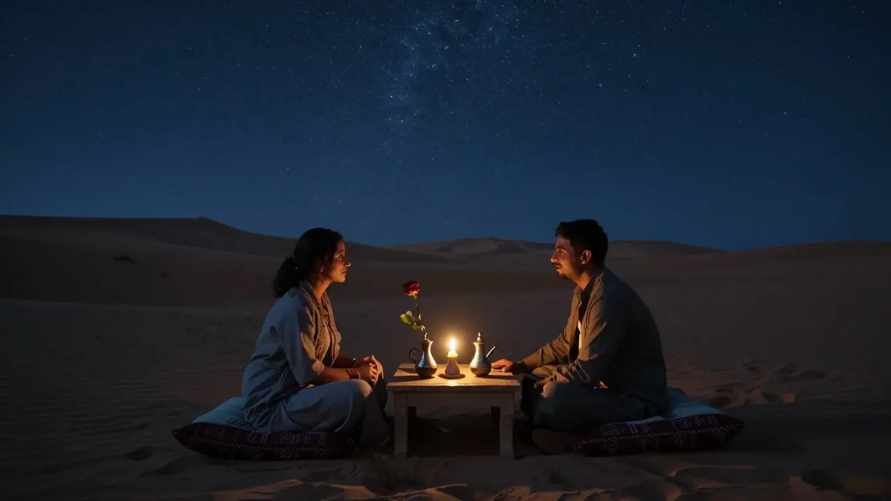 A quiet desert camp under the stars, with two people conversing by candlelight amid dunes.