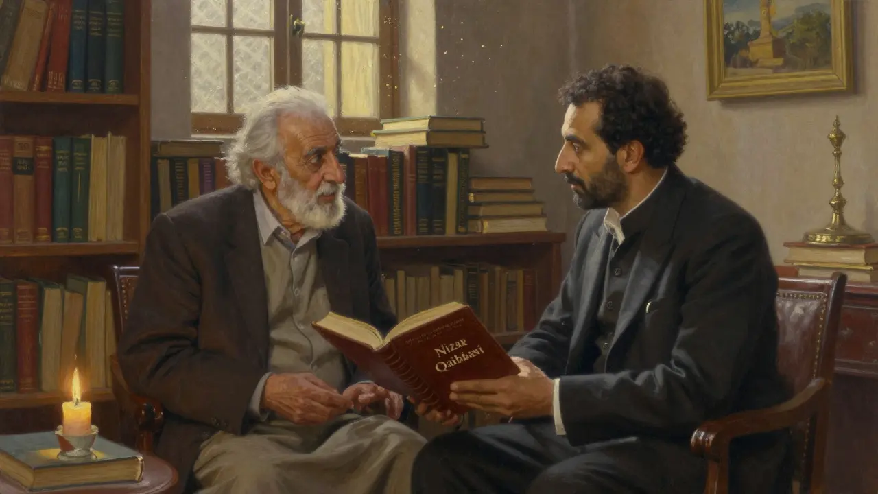 A refined companion discussing poetry with a scholar at the Abu Dhabi International Book Fair.