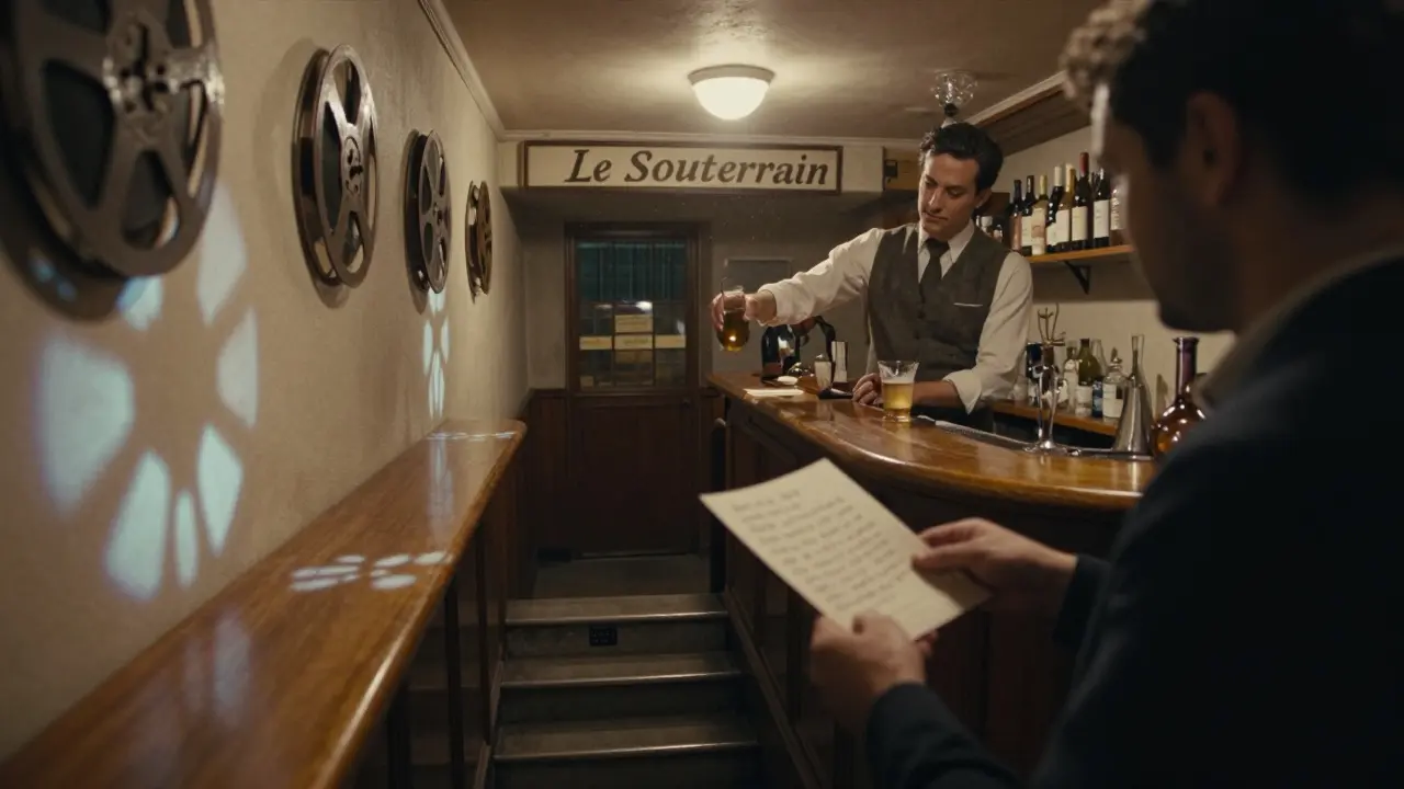 A secret underground speakeasy with film reel walls and a barkeep handing a guest a handwritten note.