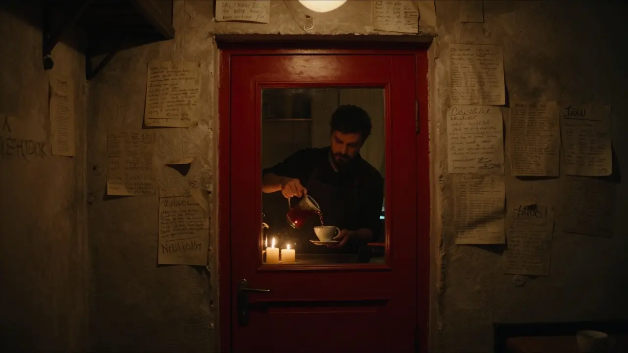 A single red door opens to a candlelit basement bar where a bartender pours tea, walls covered in handwritten notes.