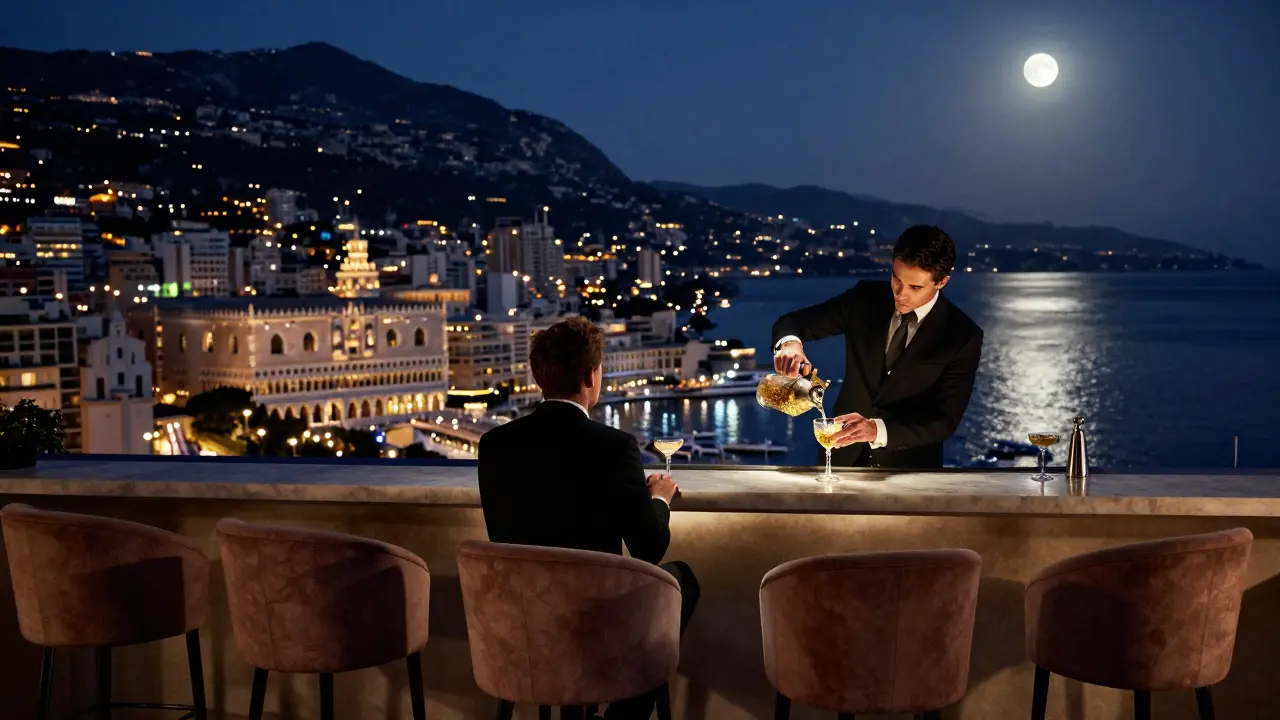 A solitary guest on a rooftop terrace overlooking Monaco’s harbor, sipping a golden cocktail under the moonlight.