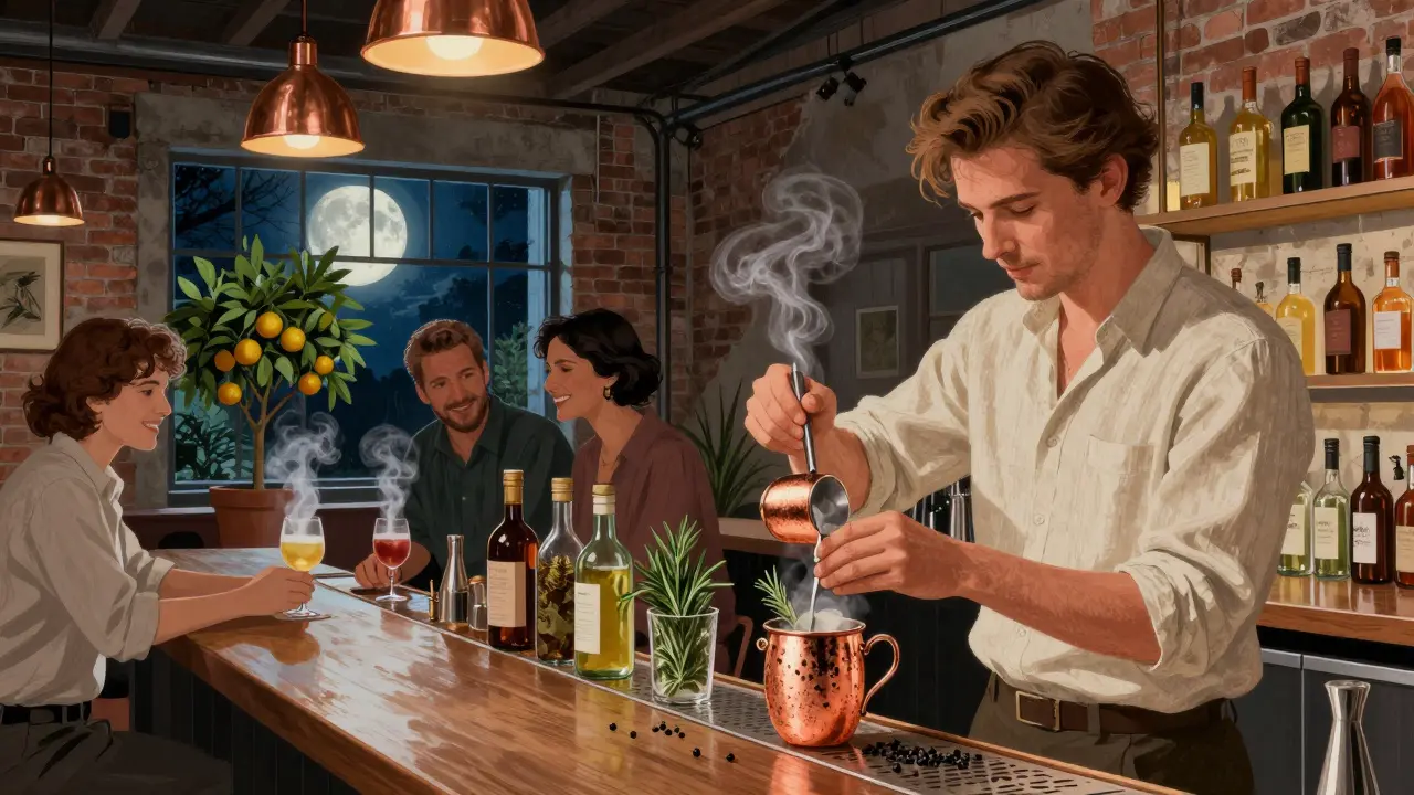 A stylish cocktail lounge with copper cups and botanical ingredients, where a bartender prepares a signature drink under soft pendant lights.