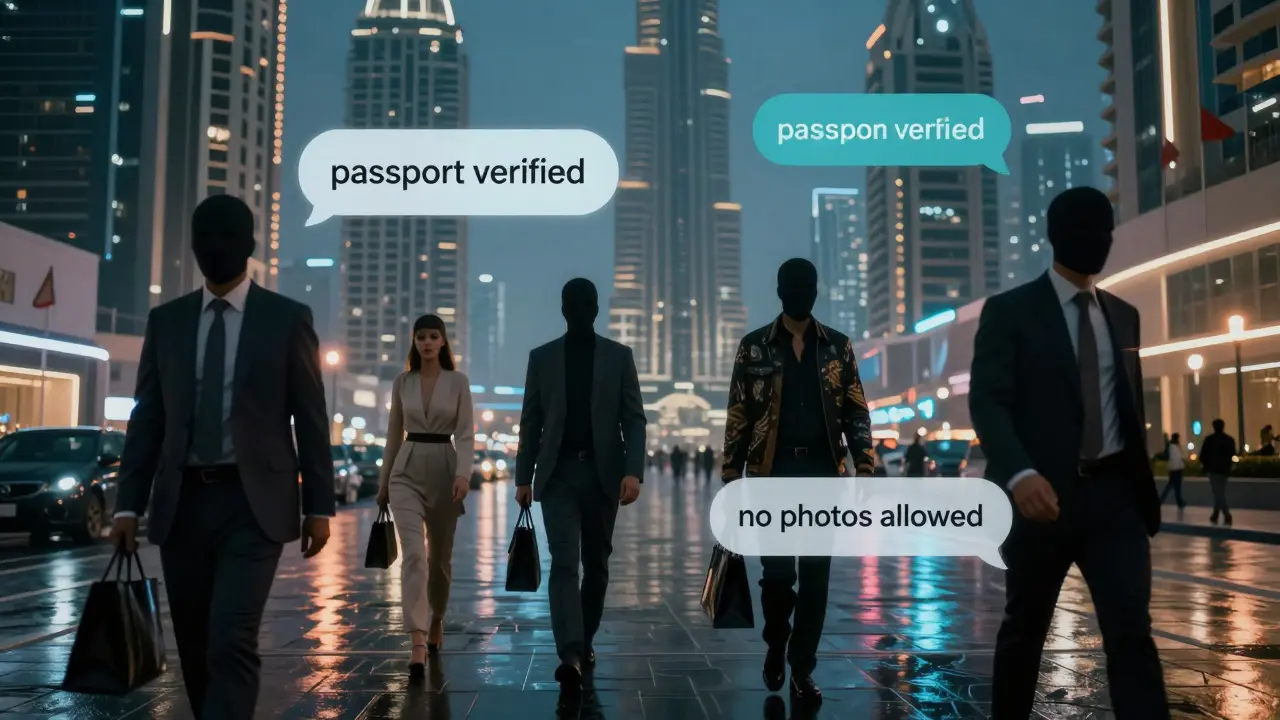 A surreal Dubai street scene with ghostly Telegram chat bubbles floating over elegant buildings, suggesting hidden digital networks.