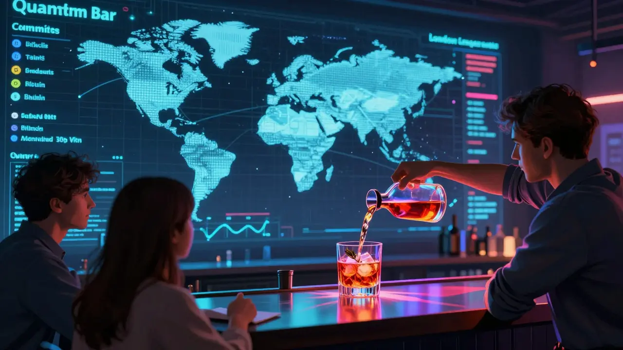 A wall of live data visualizations at Quantum Bar, with a bartender serving a tech-inspired cocktail.