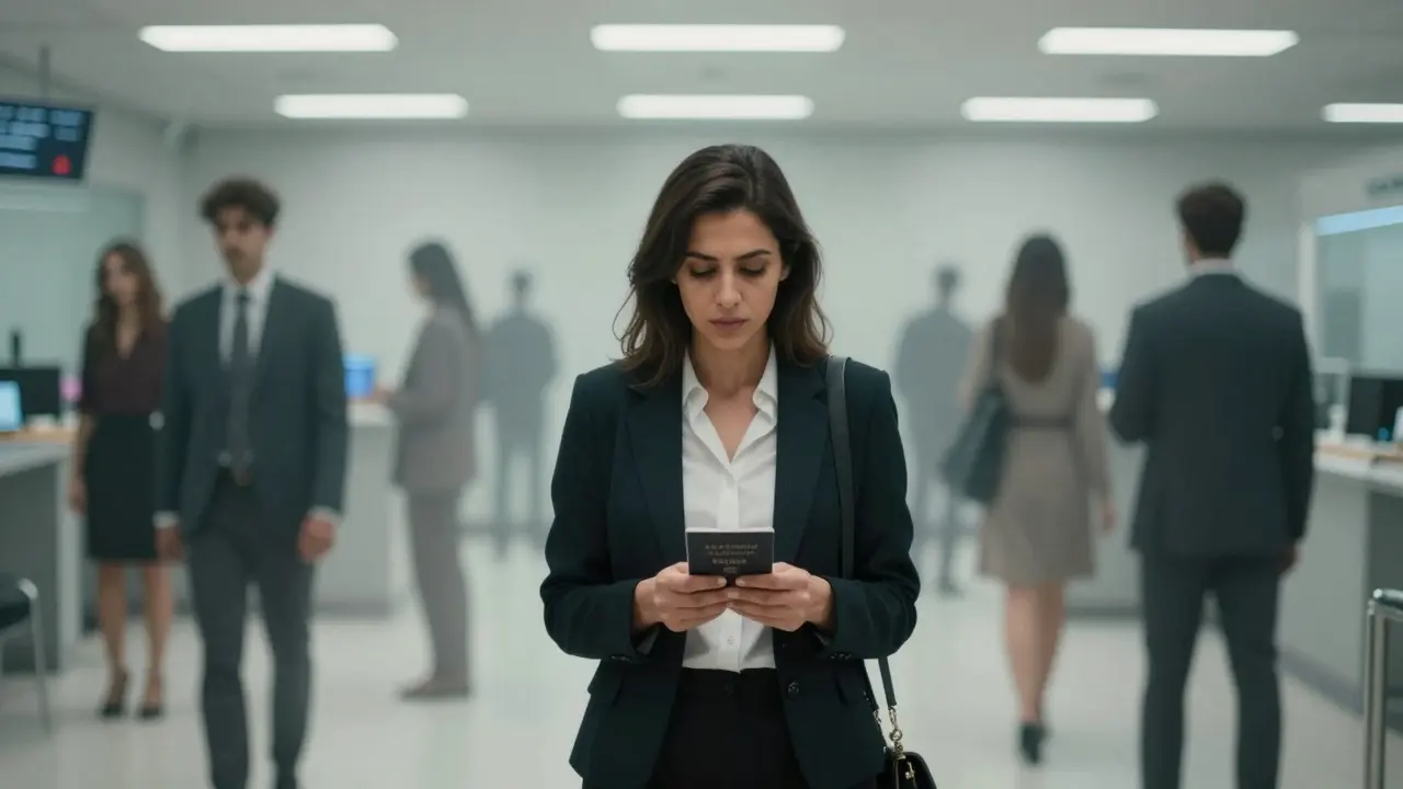 A woman at a Dubai immigration checkpoint, clutching her passport, surrounded by fading silhouettes of others facing deportation.
