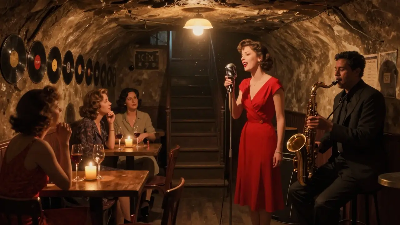 A woman in red singing jazz in a dim basement bar with friends sipping wine under vintage lamps.