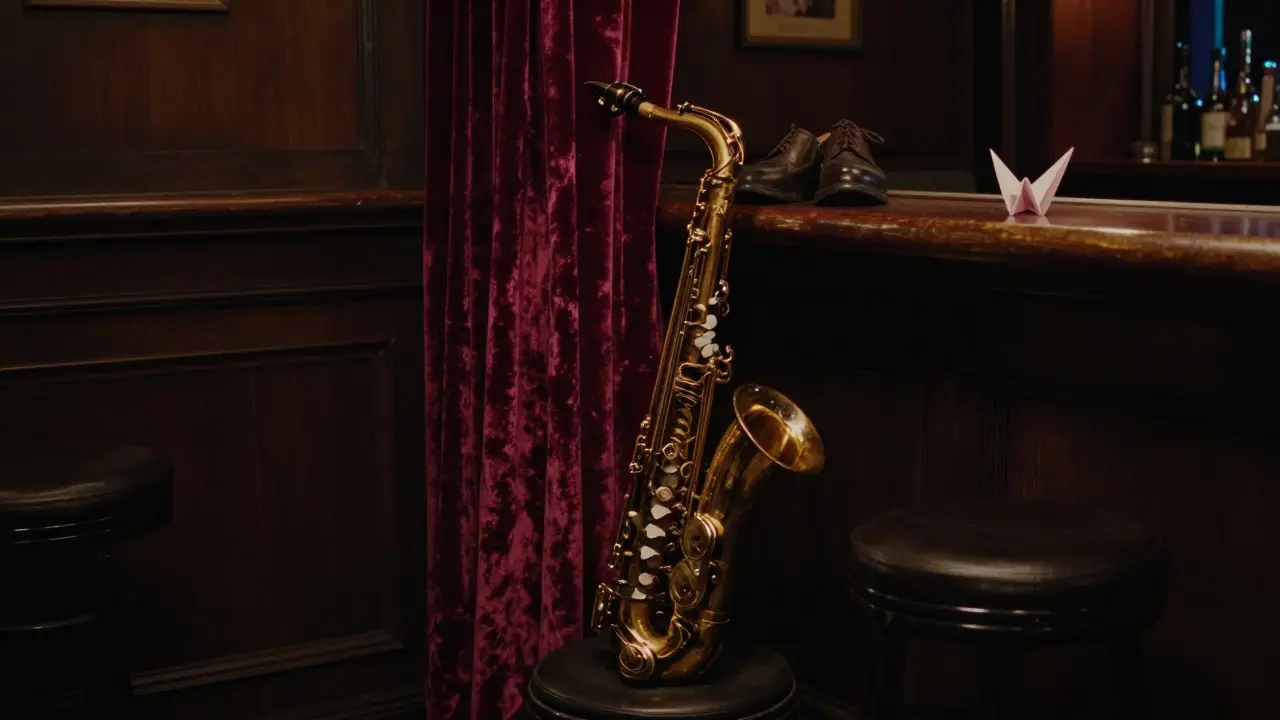 An empty jazz club at night, with a saxophone and origami crane left on the bar, evoking a quiet human connection.