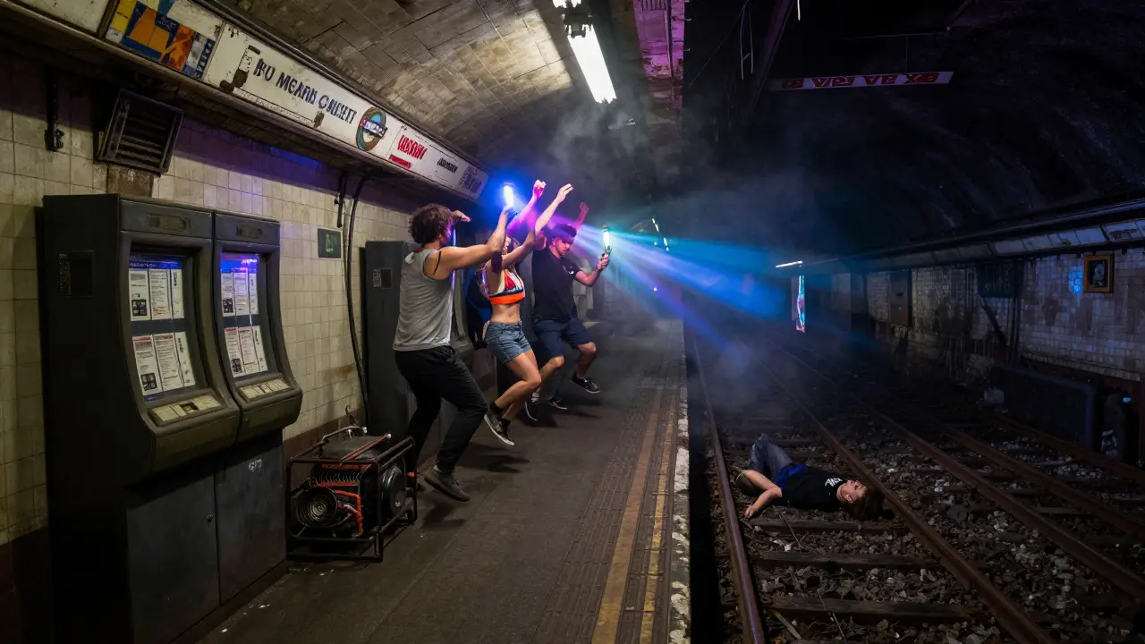 An underground rave in a disused subway station with dancers on old ticket machines and diesel generators humming.