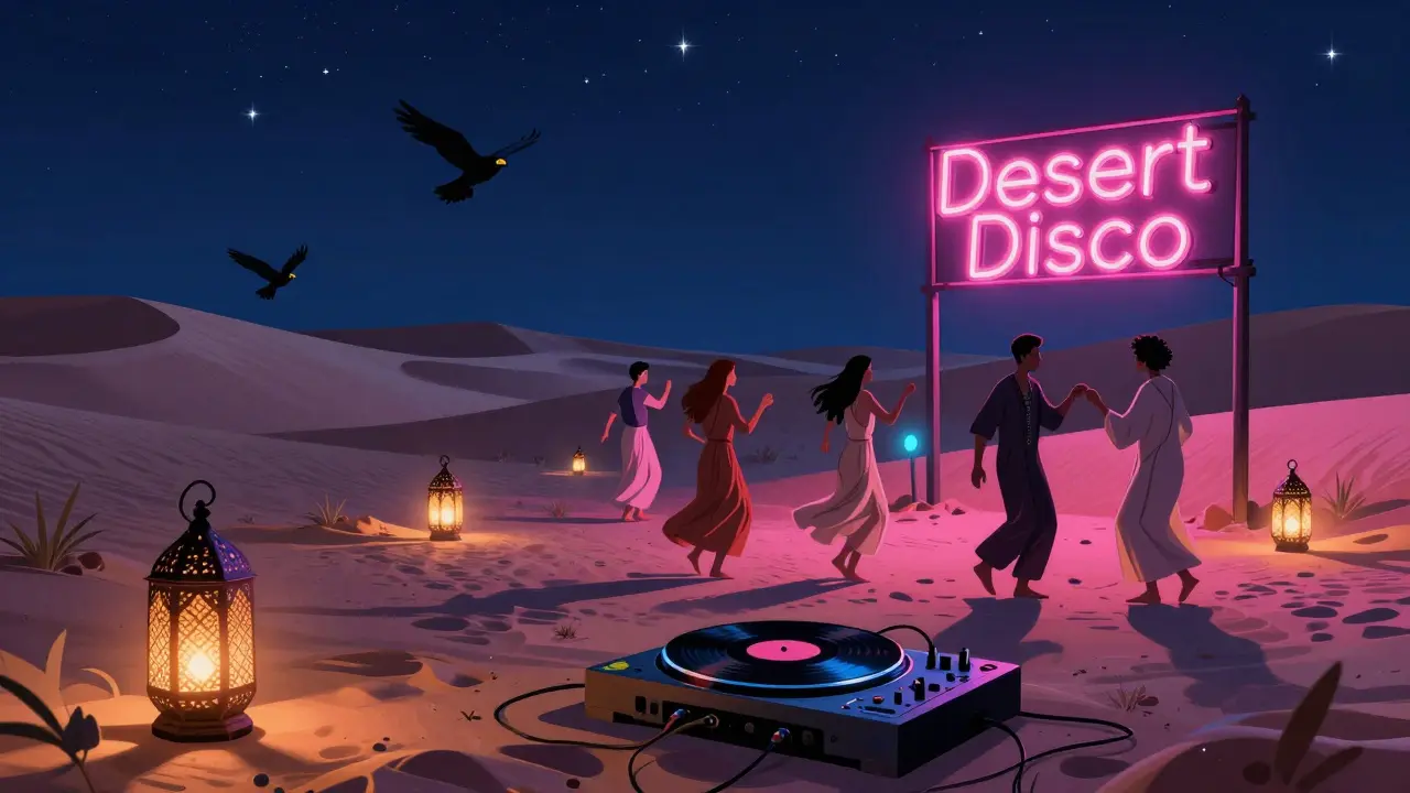 Beach party at Qasr Al Sarab with Moroccan lanterns, dancing guests, and neon 'Desert Disco' signs under a starry desert sky.