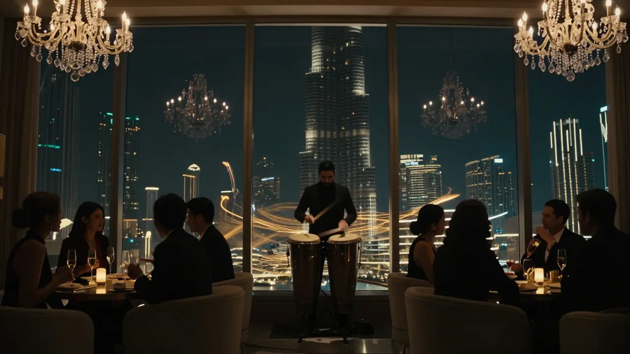 Cielo lounge at night with Burj Khalifa in background, live percussionist performing under crystal chandeliers.