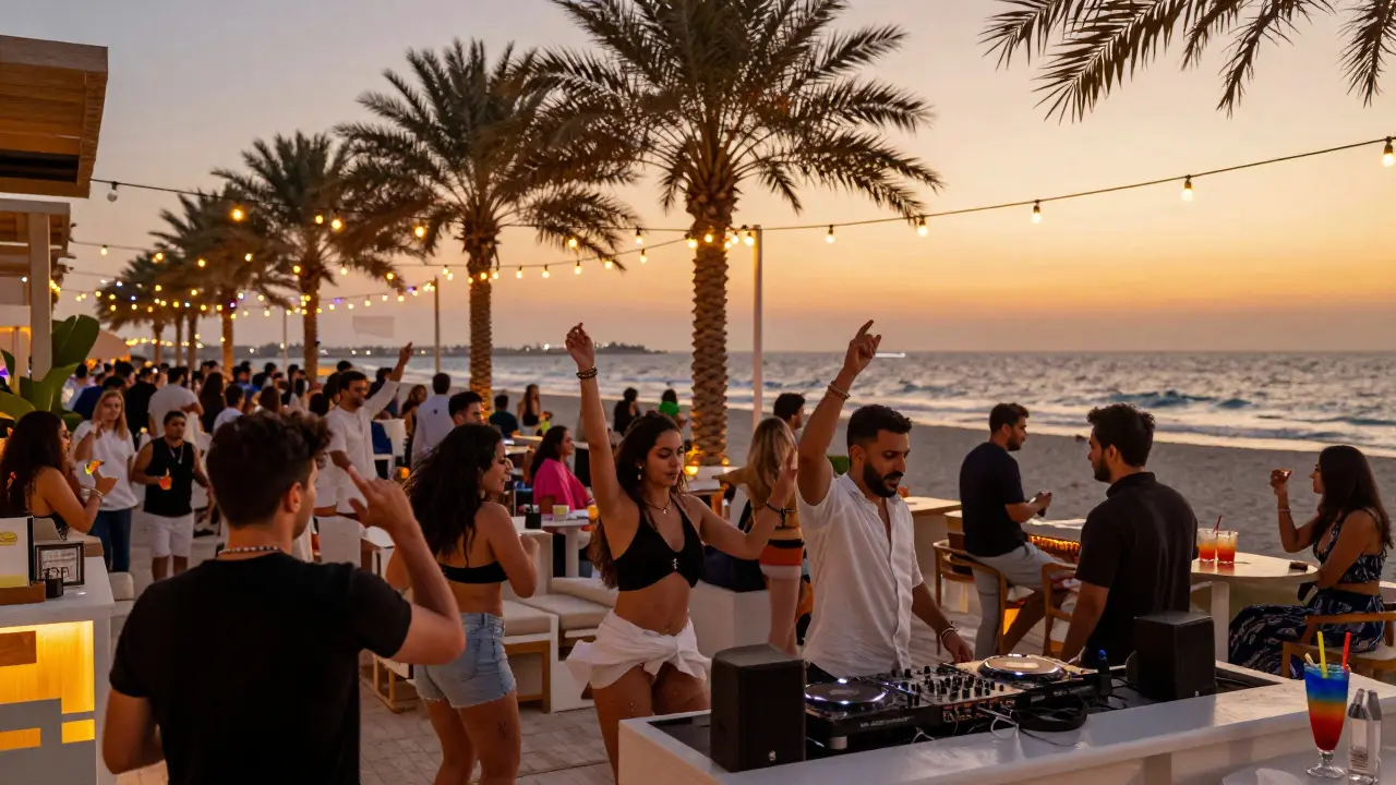 Crowd dancing at White Dubai beachfront club with ocean views and vibrant nightlife energy.