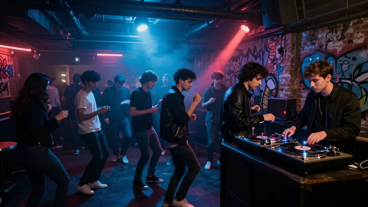 Crowd dancing in a basement club with neon lights and speaker stacks, no dress code, authentic Milan nightlife.