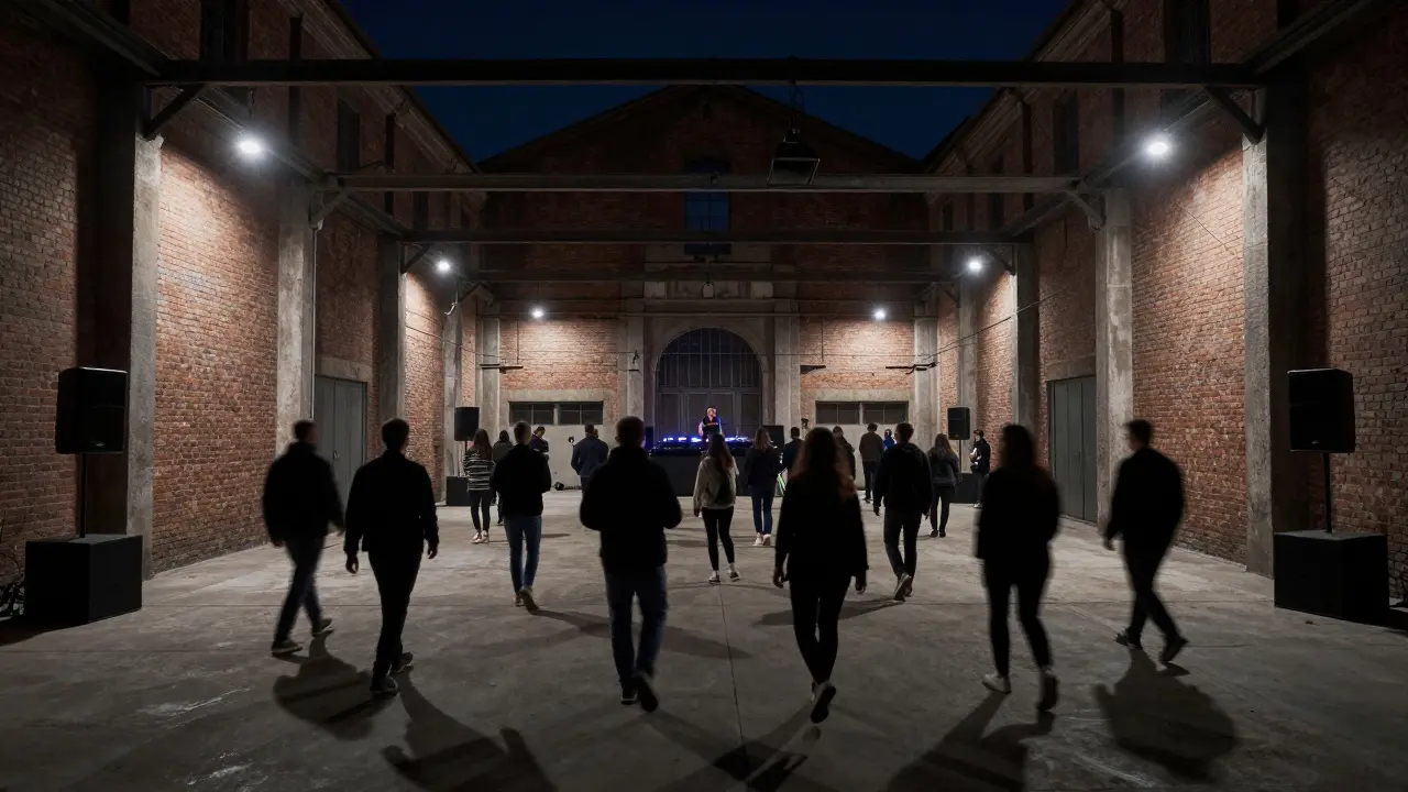 Crowd dancing in a dimly lit industrial warehouse club in Isola, Milan, with powerful sound systems and minimal lighting.