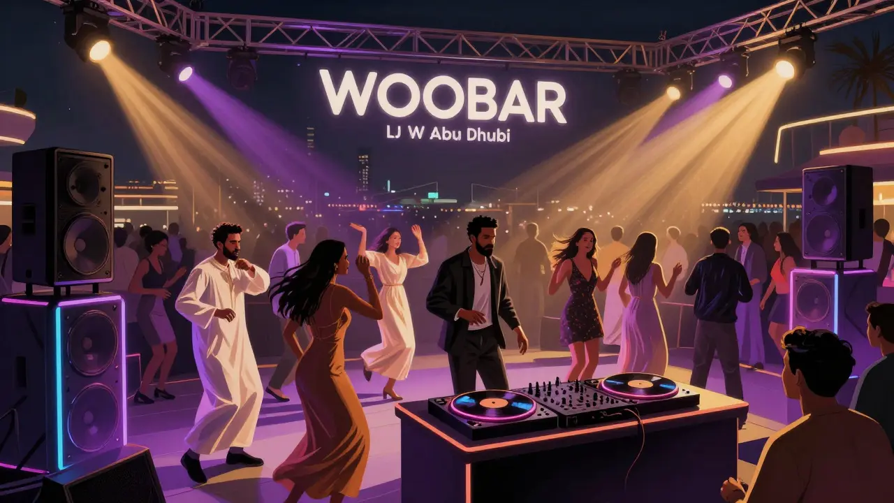 Dancers at WOOBAR in Abu Dhabi under neon lights with a DJ booth and vibrant nightlife energy.