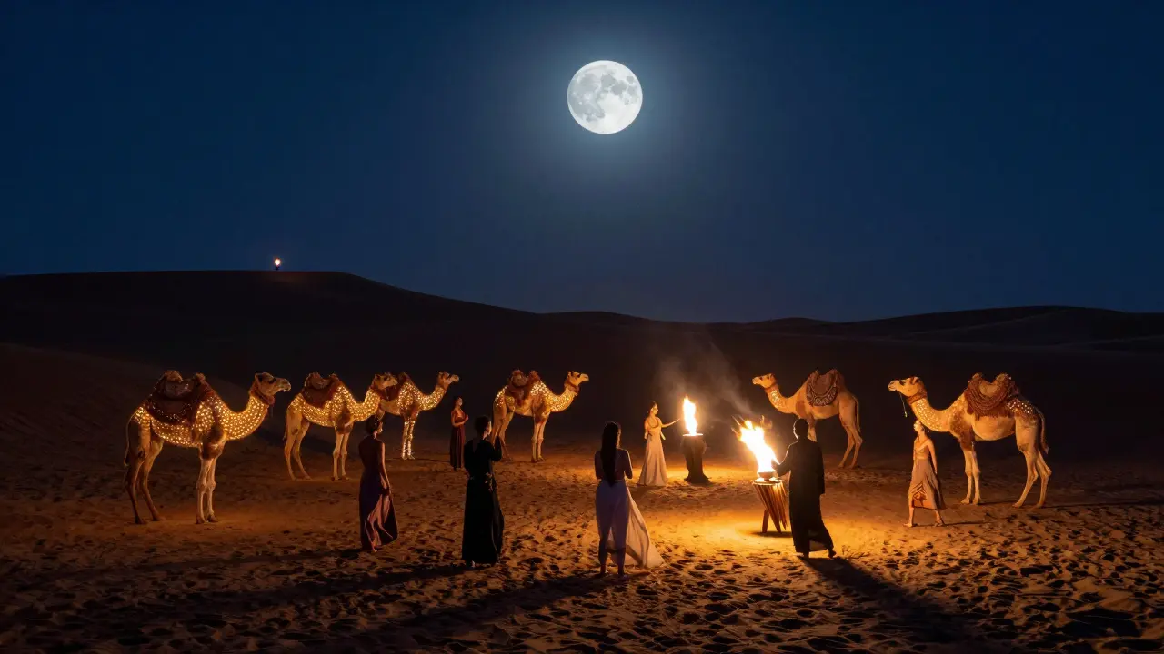 Desert club under a full moon with LED camels and fire dancers on a sand-dune dance floor.