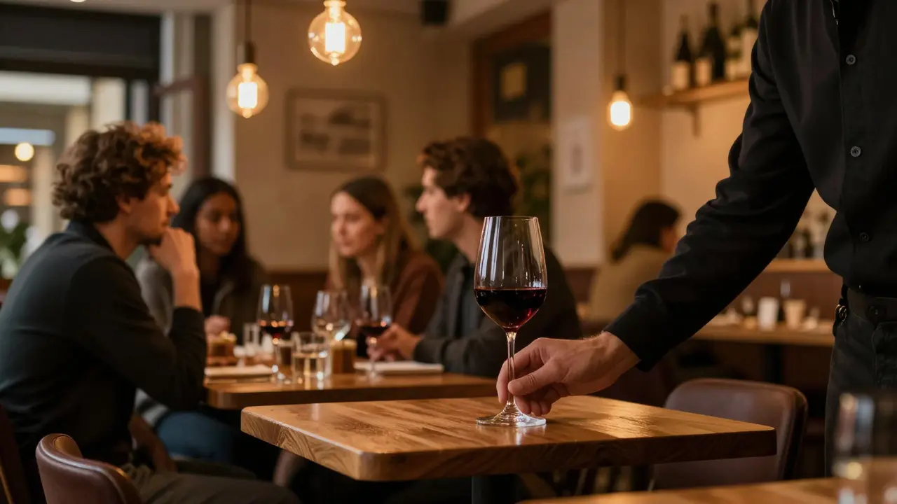 Dimly lit intimate bar with wine and conversation.
