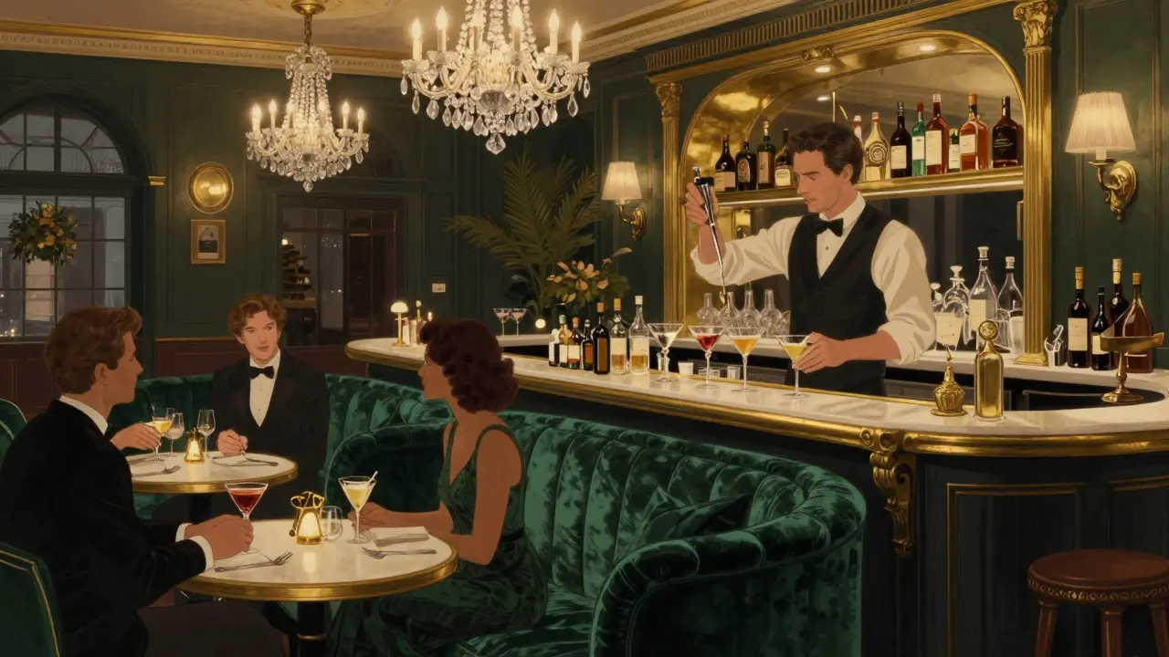 Elegant bar with velvet sofas and a bartender stirring a premium cocktail under crystal chandeliers.