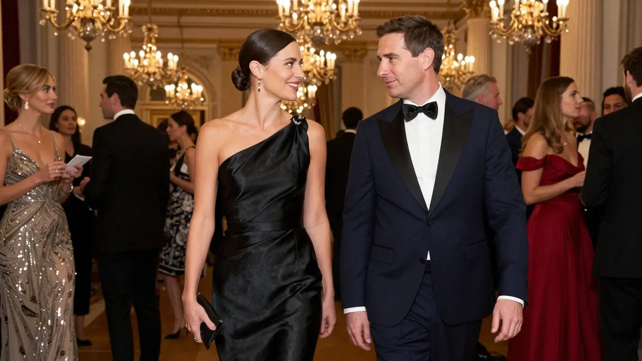 Elegant companions attending a formal gala event in evening wear.