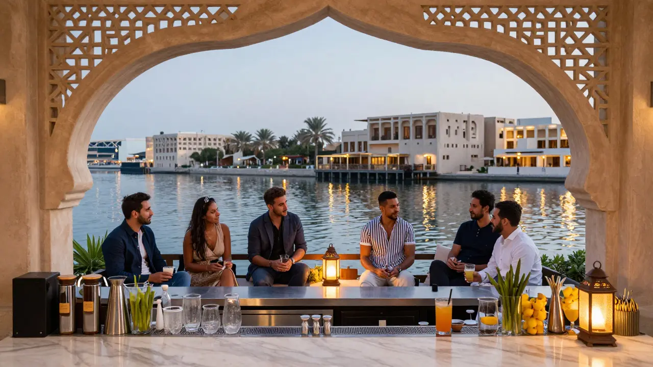 Group of friends drinking at a traditional waterfront bar by the Dubai Creek.