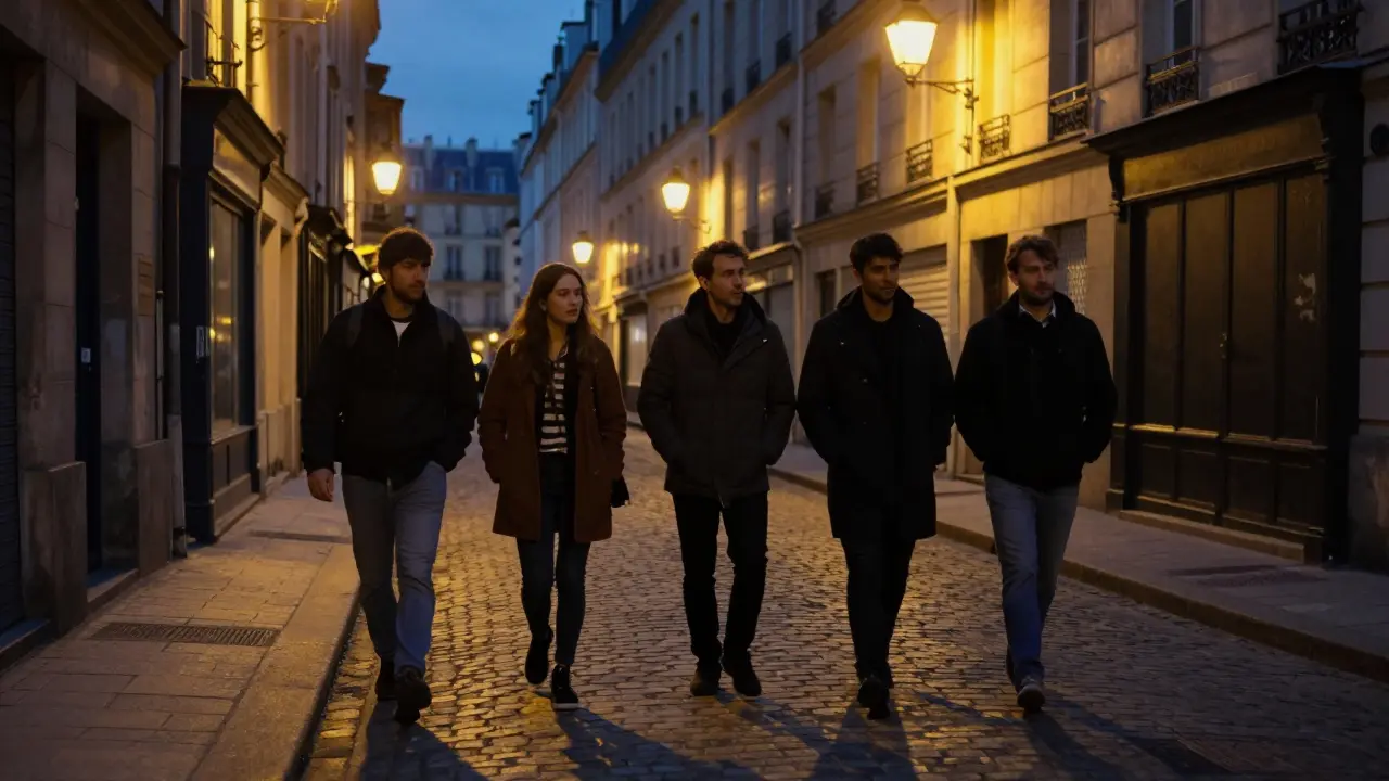 Group walking on a historic Parisian cobblestone street at night.