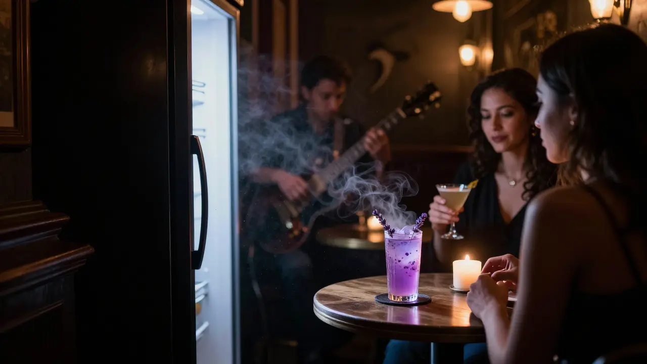 Hidden speakeasy behind a fridge door, jazz musicians playing in low candlelight with misty cocktails.