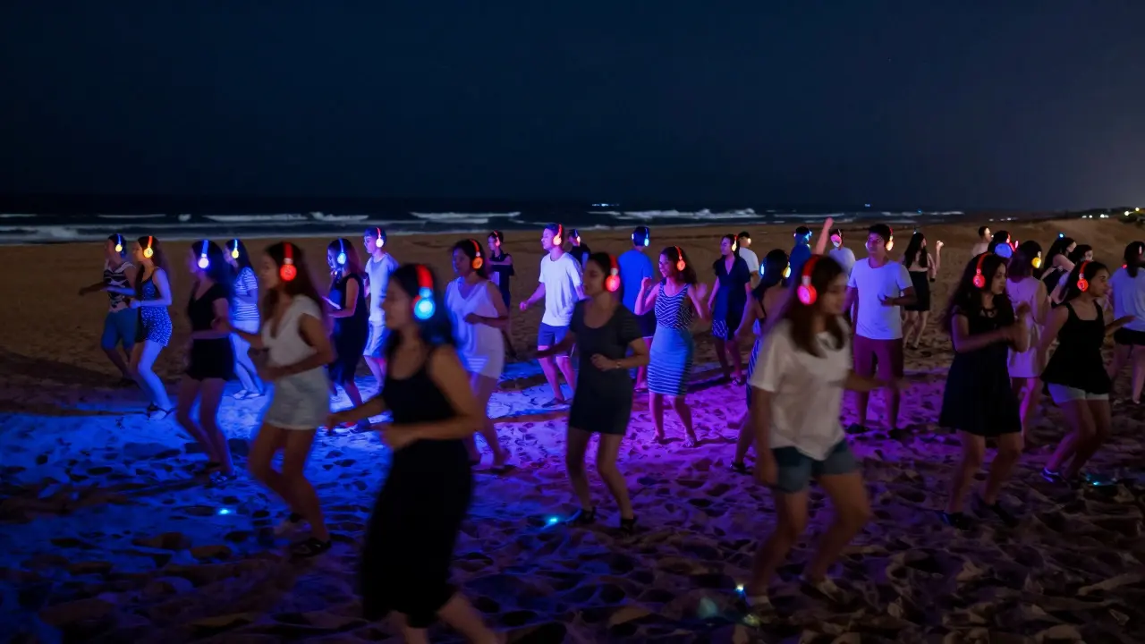 Hundreds of people dancing at a silent disco on a beach under the stars, each wearing colorful headphones and bathed in soft LED light.