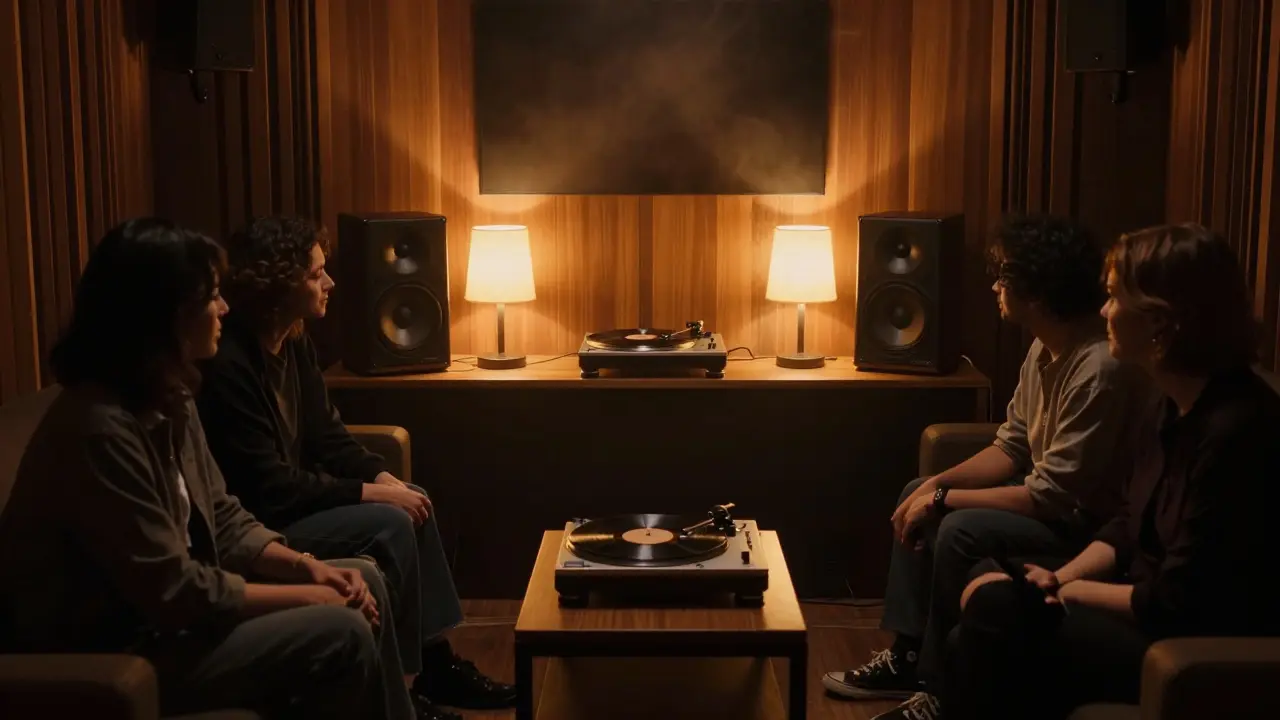 Interior of an intimate jazz listening room with vinyl player and patrons.