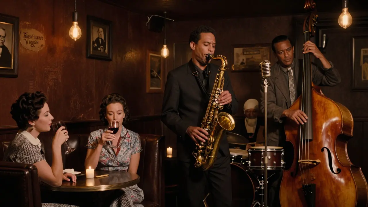 Intimate jazz trio performing in a dimly lit basement lounge with vintage microphones and candlelit patrons.
