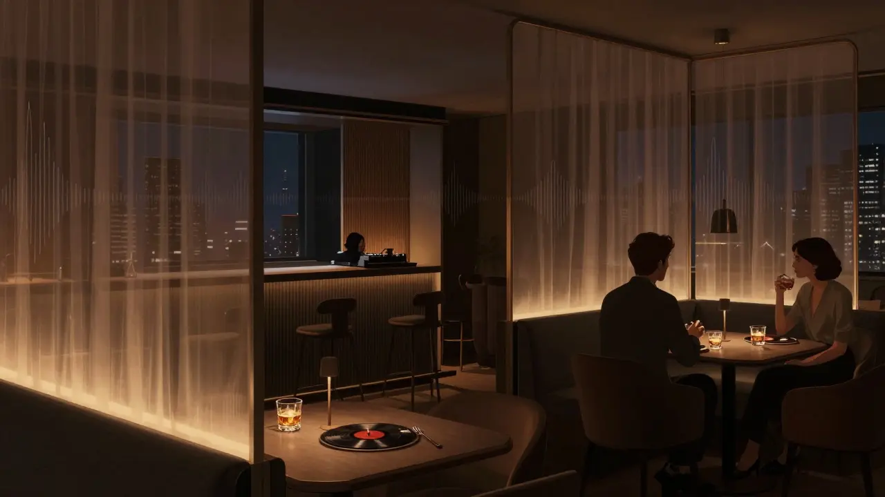 Intimate lounge with sheer curtains and dim lighting, elite patrons conversing over whiskey.