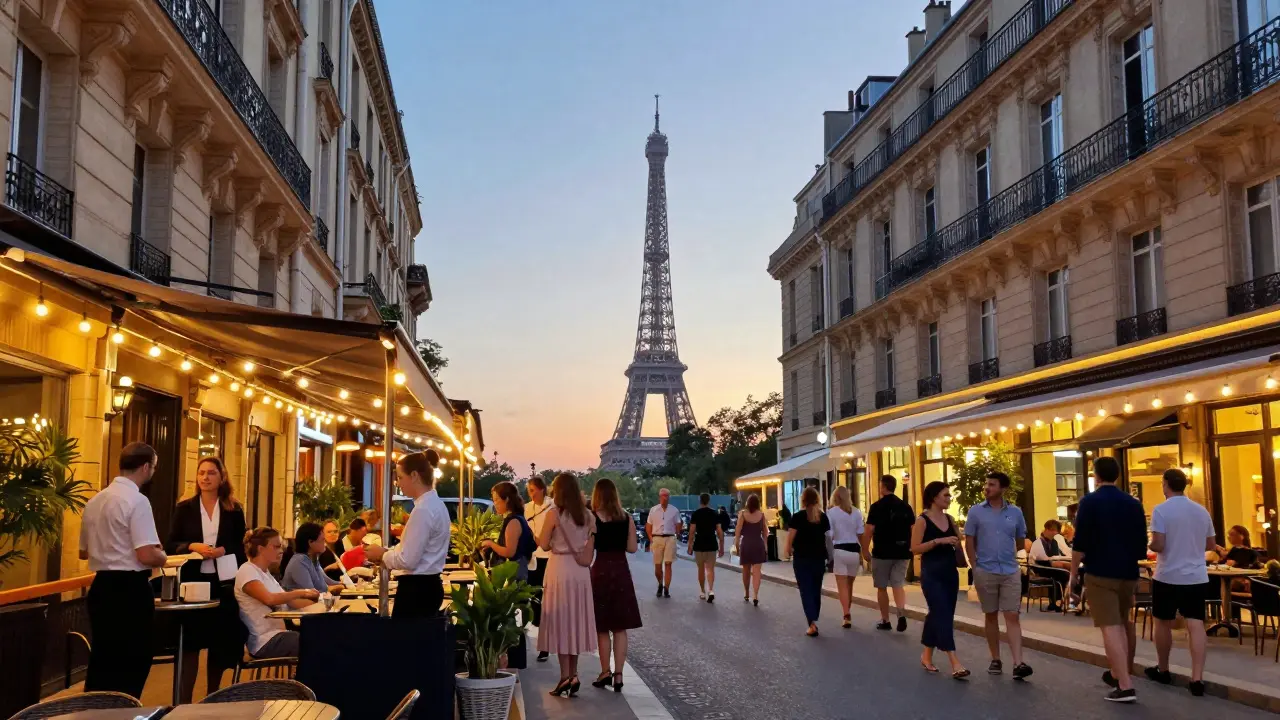 Le Marais sidewalk cafe with smart casual crowds.