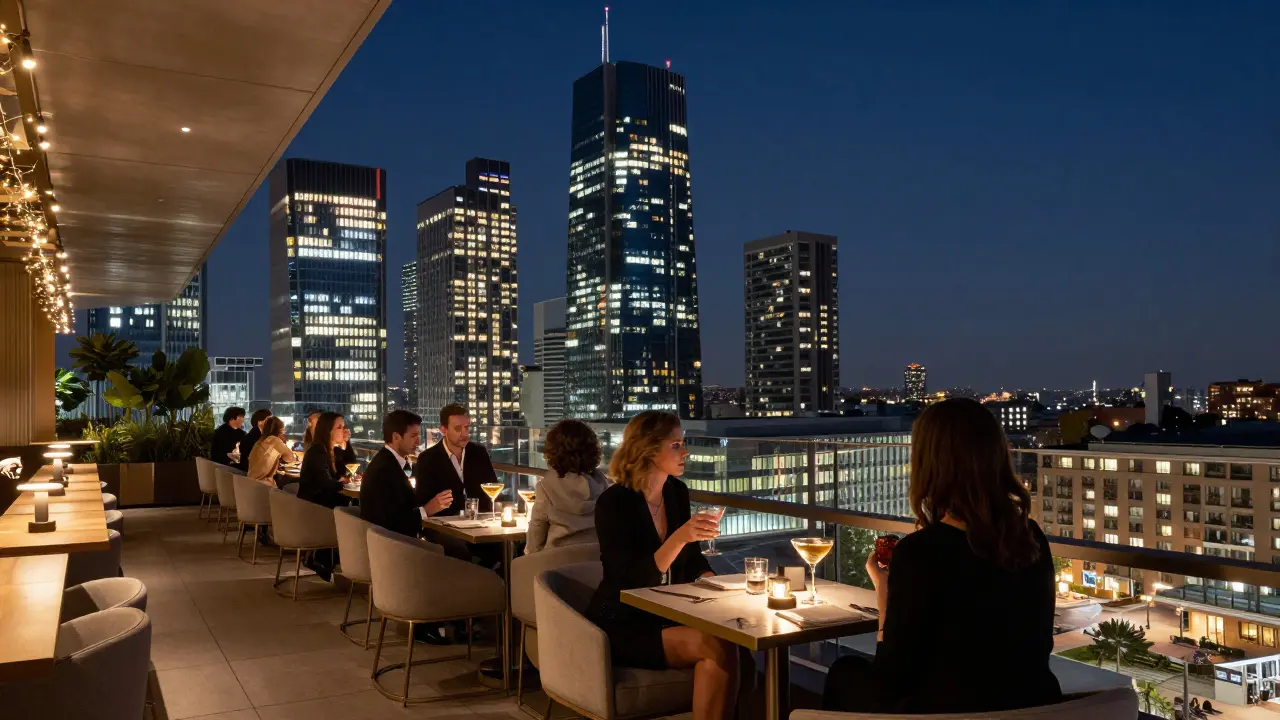 Luxury rooftop lounge in Porta Nuova with panoramic views of Milan's glowing skyscrapers at night.