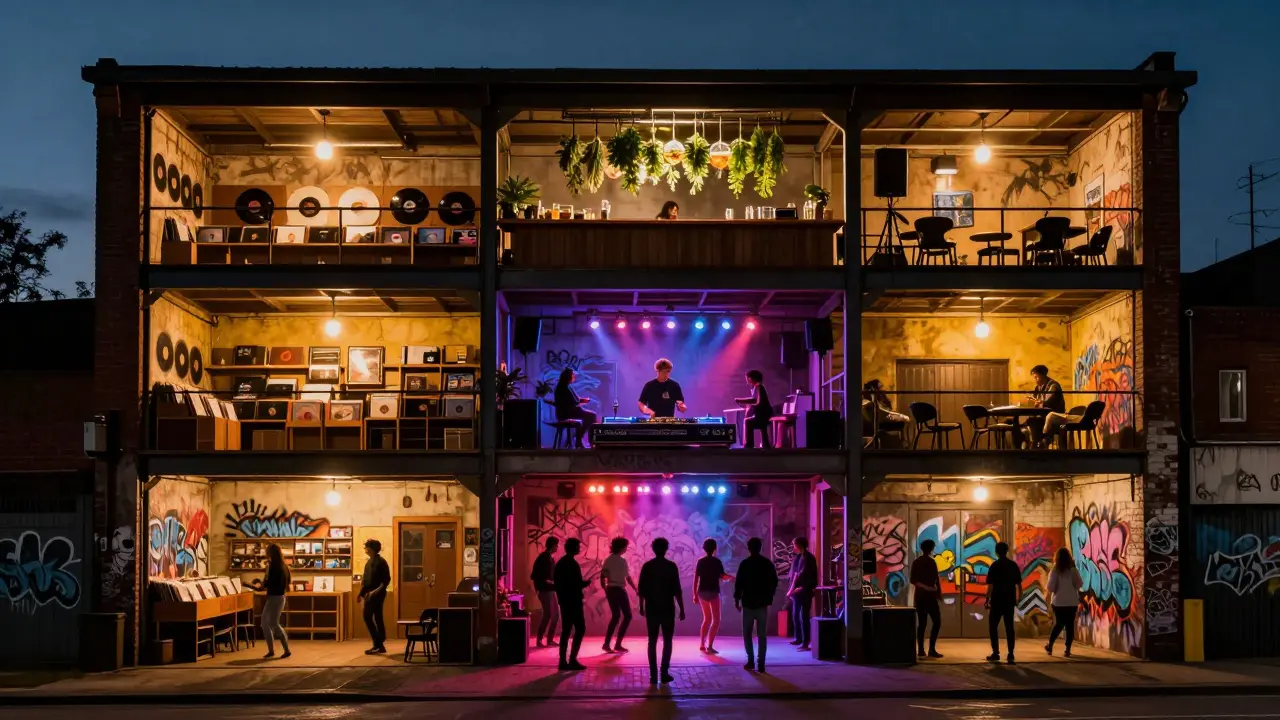 Multi-level warehouse in Peckham glowing with light, people dancing to music on the top floor at dawn.