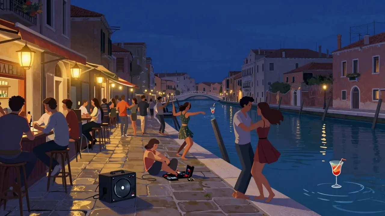 People dancing barefoot along a canal-side bar district in Milan at night, with lanterns and floating drinks in the water.