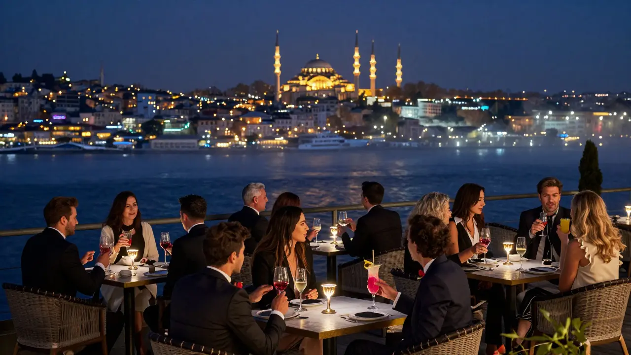 People enjoying cocktails on a rooftop terrace overlooking Istanbul’s illuminated Bosphorus at midnight.