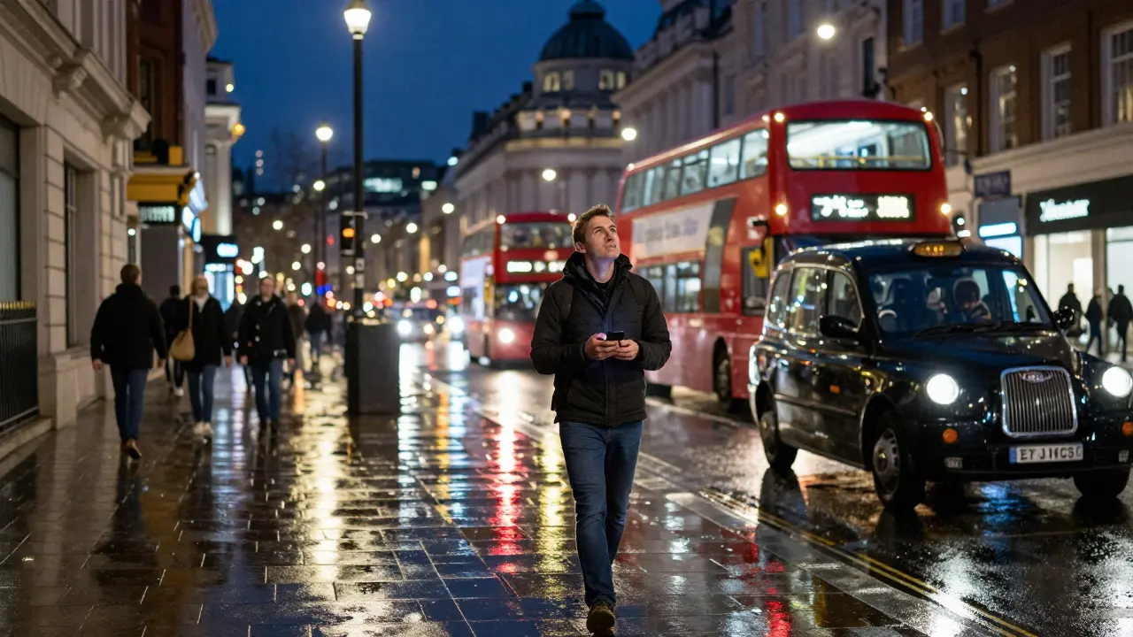 Person walking on a well-lit London street at night with taxi.
