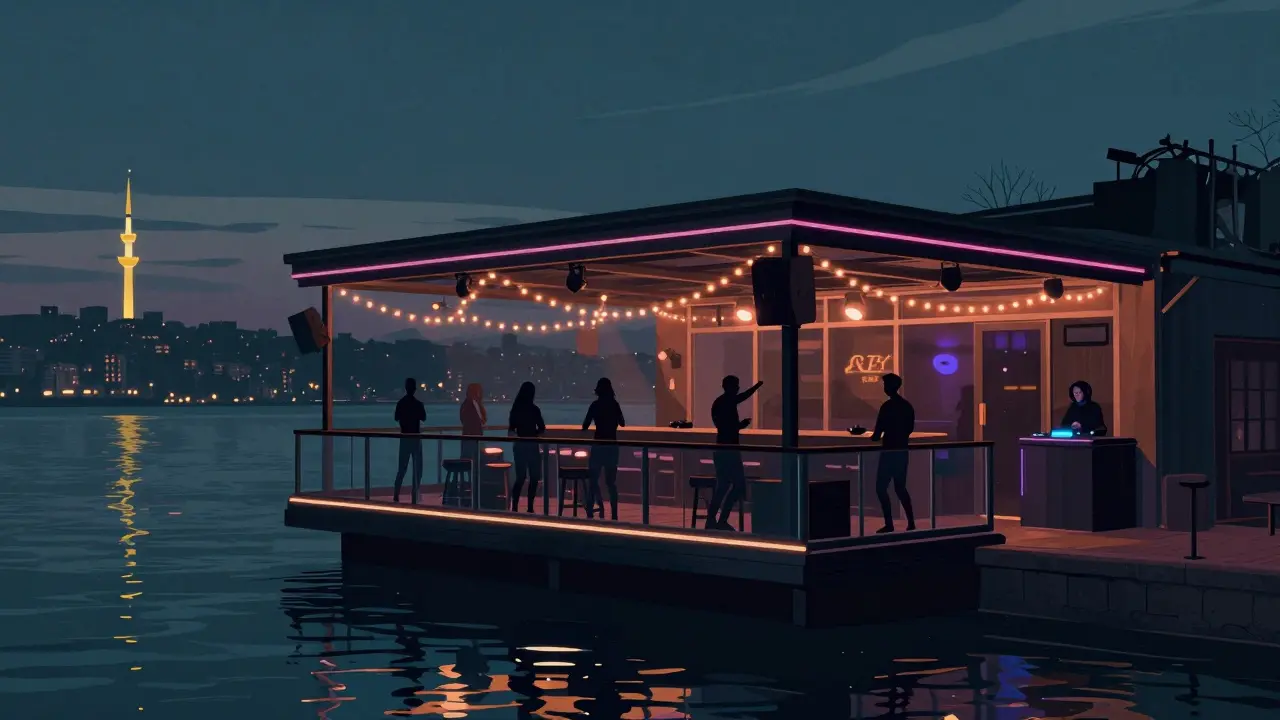 Reina nightclub on the Bosphorus shore with dancers, city lights reflected on water, and a DJ under neon glow.