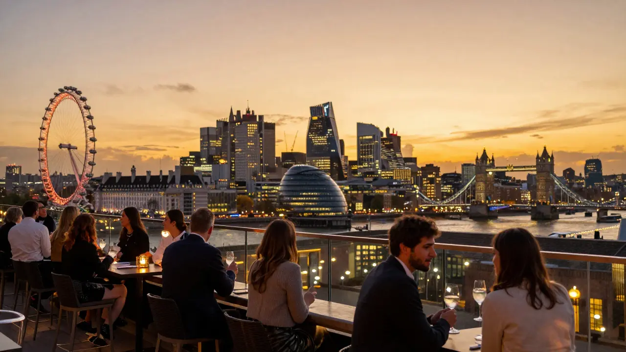 Rooftop bar at night with London skyline, guests holding cocktails, and the Thames glowing under city lights.