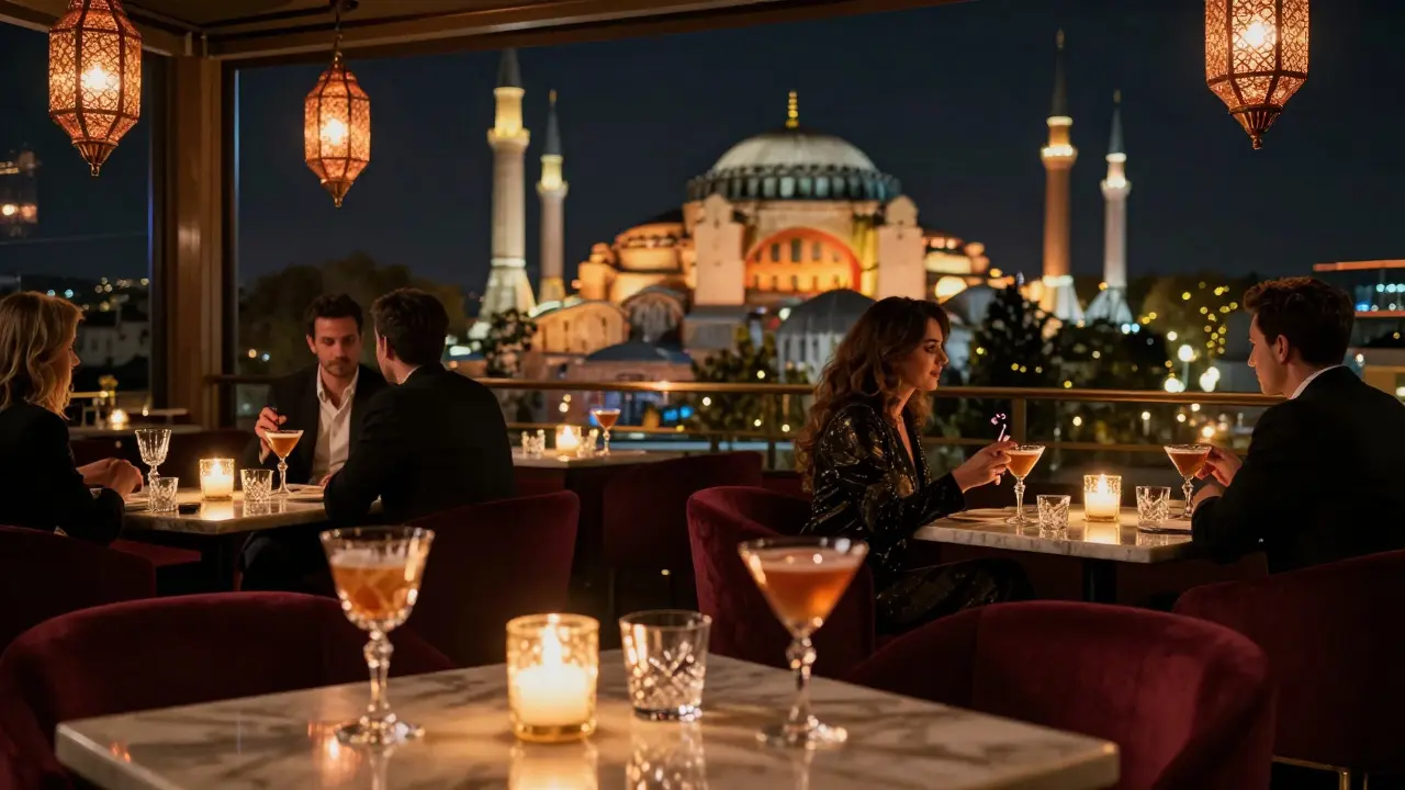Rooftop lounge view of illuminated Hagia Sophia from above