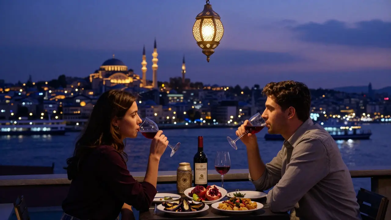 Rooftop view of Istanbul’s skyline at dusk with guests sipping wine and sharing mezes under traditional lanterns.