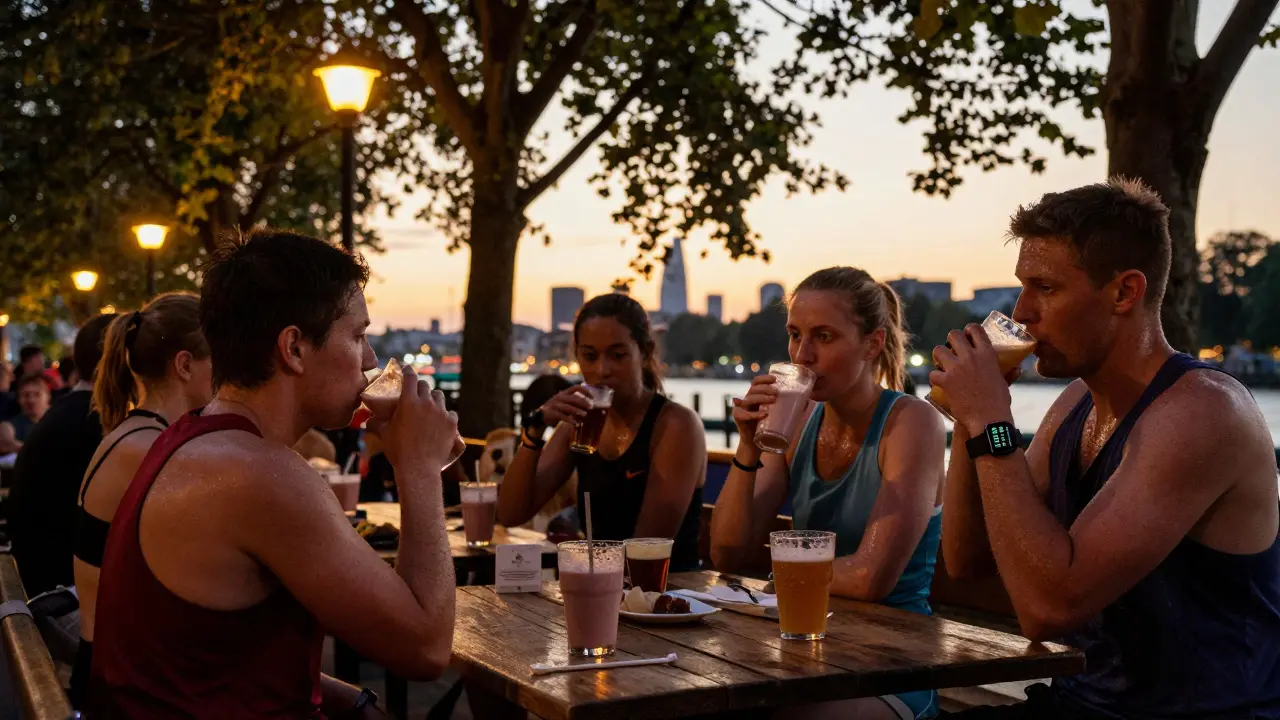 Runners enjoying smoothies at a twilight beer garden with a dog nearby and city lights in the distance.