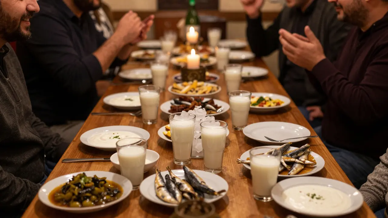Table full of Turkish mezze and glasses of cloudy raki liquor.