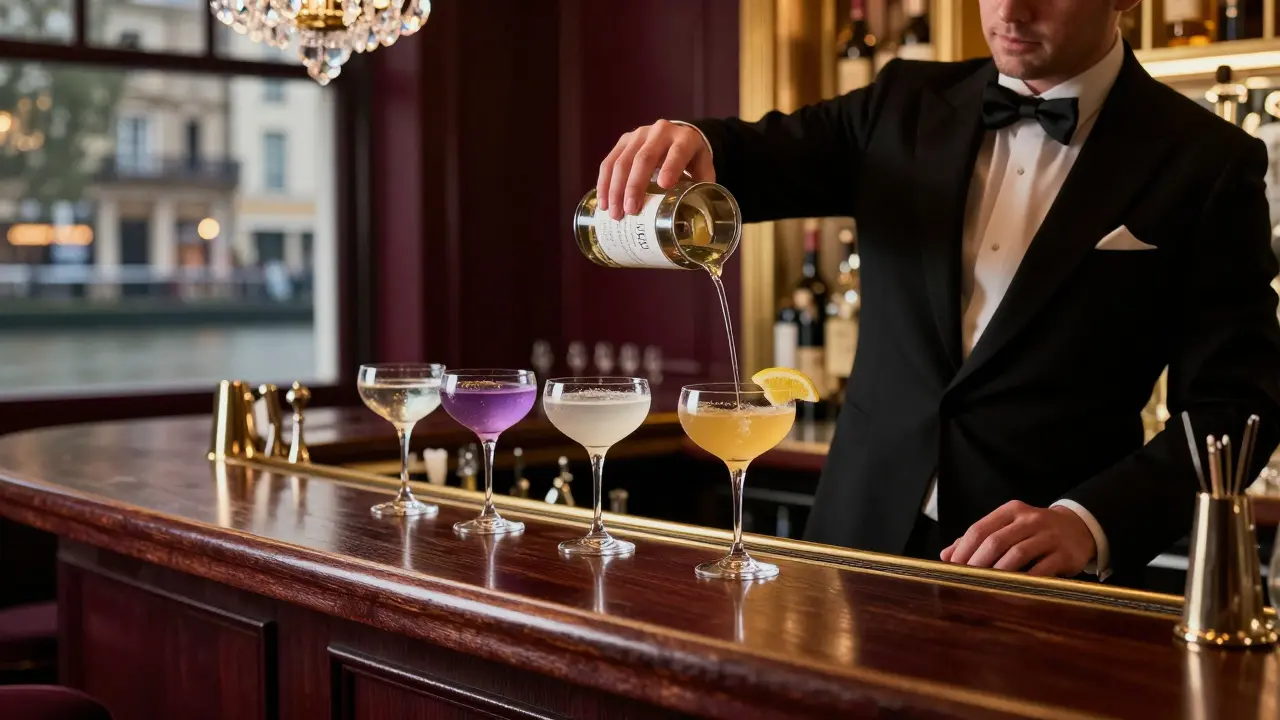 Three elegant cocktails in coupe glasses at The Connaught Bar, representing the London Fog flight.