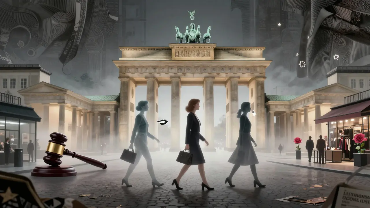 Three elegant figures walk through Berlin’s skyline, surrounded by symbols of legality, discretion, and emotional labor.