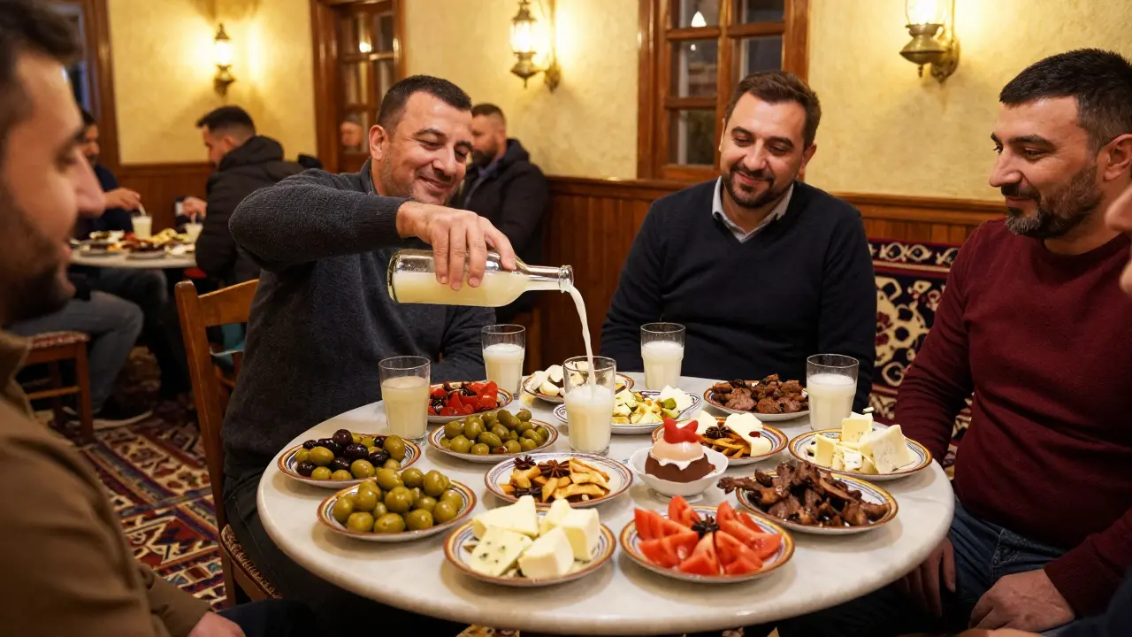Traditional Turkish tavern with raki and meze spread