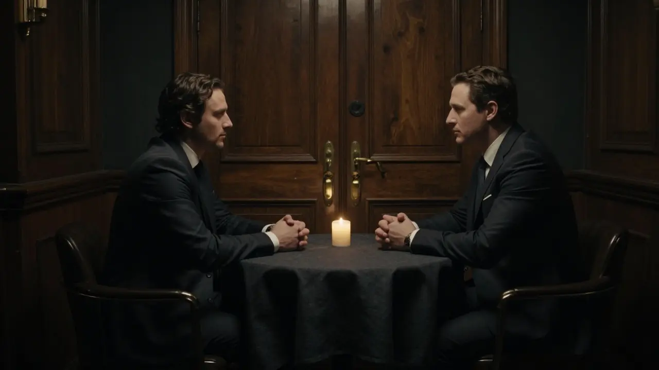 Two people having a discreet conversation at a private club table.