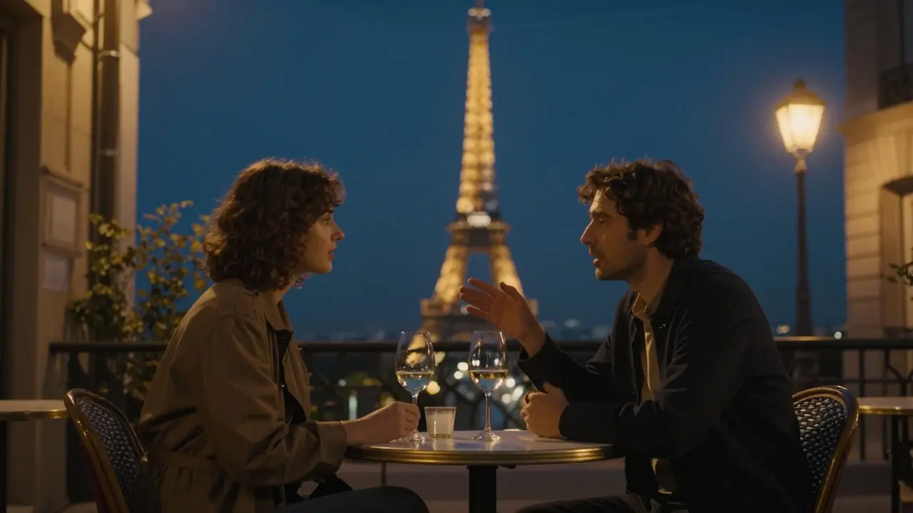 Two people sharing a quiet evening on a Paris terrace, the Eiffel Tower glowing softly in the background.