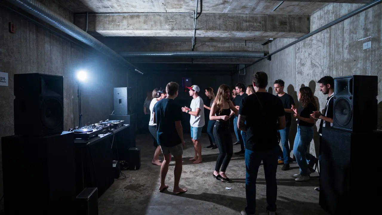 Underground club with concrete floors and industrial design, crowd dancing to live electronic music.
