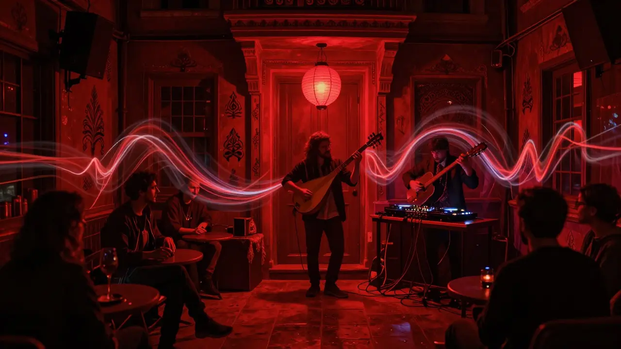 Underground club with live saz and DJ mixing folk and techno, bathed in red light and pulsing bass vibrations.
