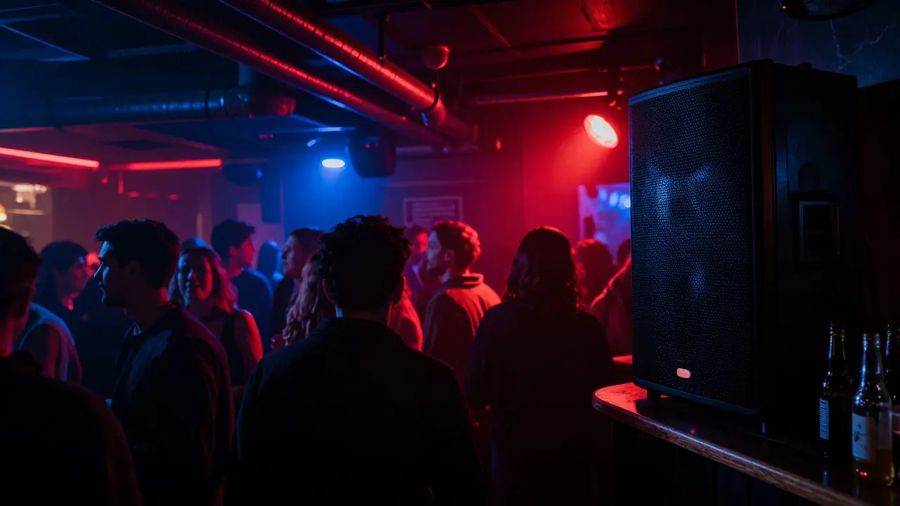 Underground nightclub with dancers under strobing lights, soundwaves visible, and an intense atmosphere of techno music.