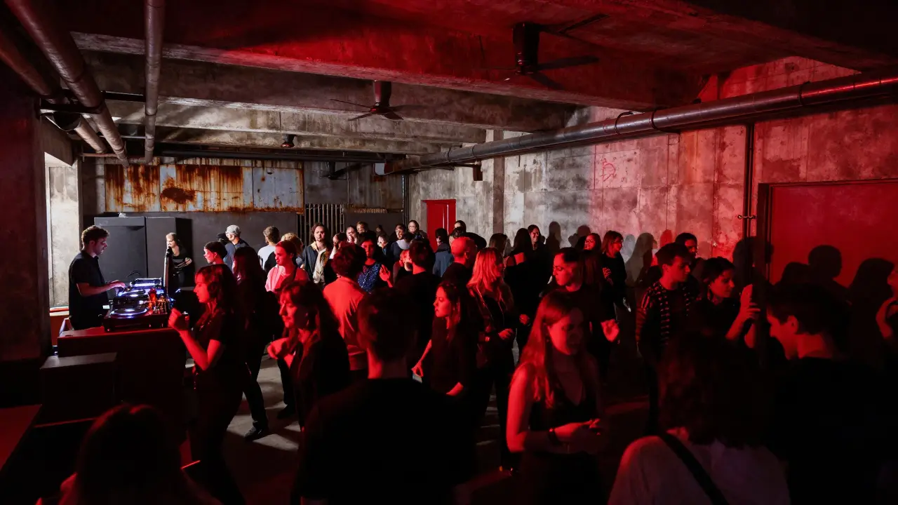 Underground techno club Alcatraz with a crowd dancing in dim red lighting inside an industrial warehouse.